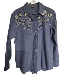 Jane Ashley Vintage Embellished Faux Pearl Denim Button Up Shirt Size Medium